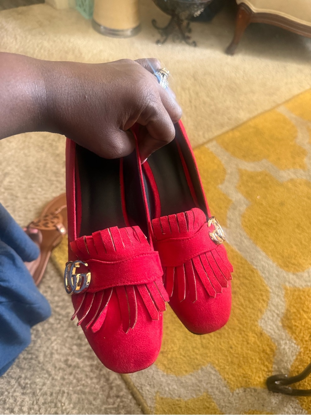 Gucci Red Suede Fringe Loafers with Gold Double G